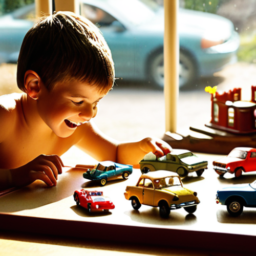 Home 4 **Prompt:** Nostalgic scene featuring a child playing with die-cast miniature cars in a vibrant, sunlit room, showcasing the joy and imagination of childhood.