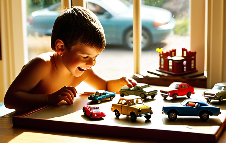 **Prompt:** Nostalgic scene featuring a child playing with die-cast miniature cars in a vibrant, sunlit room, showcasing the joy and imagination of childhood.